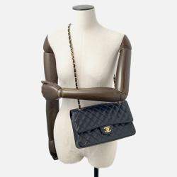 Pre Owned Chanel Matelasse W-Flap W-Chain Shoulder Bag Black Caviar Leather Size 25