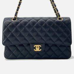 Pre Owned Chanel Matelasse W-Flap W-Chain Shoulder Bag Black Caviar Leather Size 25