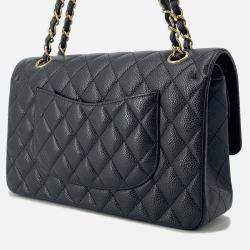 Pre Owned Chanel Matelasse W-Flap W-Chain Shoulder Bag Black Caviar Leather Size 25