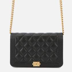 Pre Owned Chanel Boy Chanel Chain Wallet Black Caviar Leather