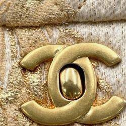 Pre Owned Chanel Matelasse Double Flap Jacquard Chain Shoulder Bag Gold Cottonjersy