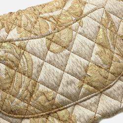 Pre Owned Chanel Matelasse Double Flap Jacquard Chain Shoulder Bag Gold Cottonjersy