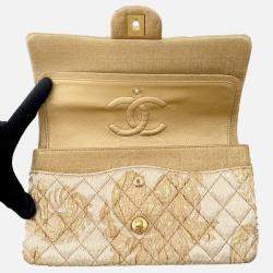 Pre Owned Chanel Matelasse Double Flap Jacquard Chain Shoulder Bag Gold Cottonjersy