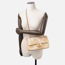 Pre Owned Chanel Matelasse Double Flap Jacquard Chain Shoulder Bag Gold Cottonjersy