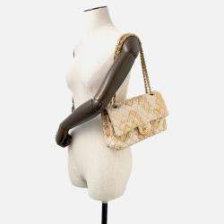 Pre Owned Chanel Matelasse Double Flap Jacquard Chain Shoulder Bag Gold Cottonjersy