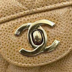 Pre Owned Chanel Matelasse W Flap Chain Shoulder Bag Beige Caviar Leather Size 25