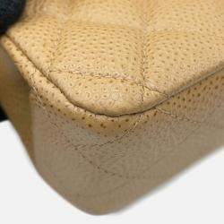 Pre Owned Chanel Matelasse W Flap Chain Shoulder Bag Beige Caviar Leather Size 25