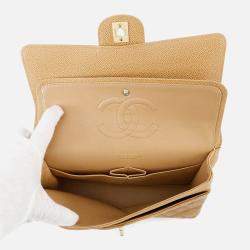 Pre Owned Chanel Matelasse W Flap Chain Shoulder Bag Beige Caviar Leather Size 25