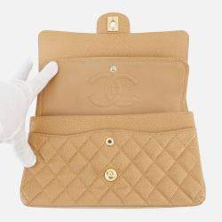 Pre Owned Chanel Matelasse W Flap Chain Shoulder Bag Beige Caviar Leather Size 25