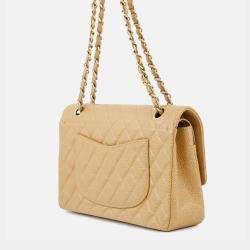 Pre Owned Chanel Matelasse W Flap Chain Shoulder Bag Beige Caviar Leather Size 25