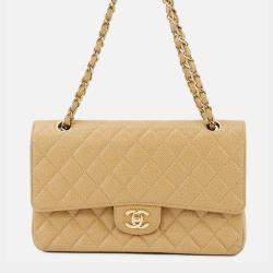 Pre Owned Chanel Matelasse W Flap Chain Shoulder Bag Beige Caviar Leather Size 25