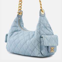 Pre Owned Chanel Matelasse Hobo Shoulder Bag Light Blue Denim