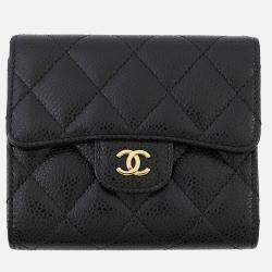 Pre Owned Chanel Matelasse Classic Small Flap Wallet Black Caviar Leather