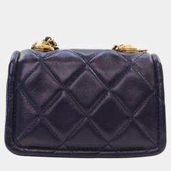 Pre Owned Chanel Navy Blue Mini Quilted Shiny Lambskin Button On Top Flap