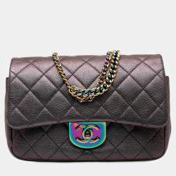 Pre Owned Chanel Purple Small Iridescent Goatskin Rainbow Hardware Double Carry Waist Chain Flap
