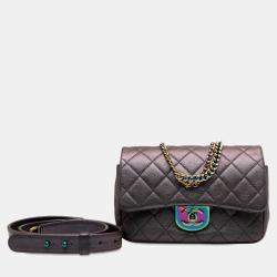 Pre Owned Chanel Purple Small Iridescent Goatskin Rainbow Hardware Double Carry Waist Chain Flap