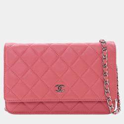 Pre Owned Chanel Pink Classic Lambskin Wallet on Chain