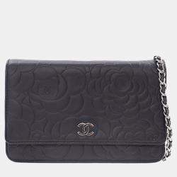 Pre Owned Chanel Black CC Embossed Lambskin Camellia Wallet On Chain