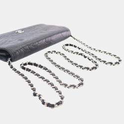Pre Owned Chanel Black CC Embossed Lambskin Camellia Wallet On Chain
