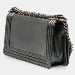 Pre Owned Chanel Green Old Medium Metallic Lambskin Boy Reverso Flap