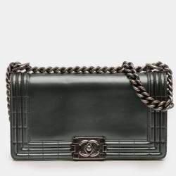 Pre Owned Chanel Green Old Medium Metallic Lambskin Boy Reverso Flap