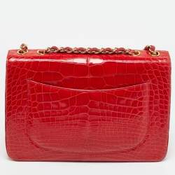 Pre Owned Chanel Red Crocodile Jumbo Classic Double Flap Bag