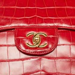 Pre Owned Chanel Red Crocodile Jumbo Classic Double Flap Bag