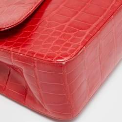 Pre Owned Chanel Red Crocodile Jumbo Classic Double Flap Bag