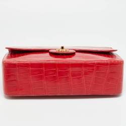 Pre Owned Chanel Red Crocodile Jumbo Classic Double Flap Bag