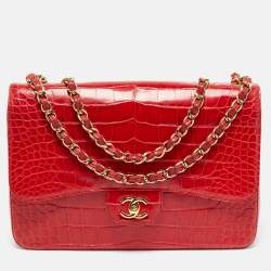 Pre Owned Chanel Red Crocodile Jumbo Classic Double Flap Bag