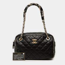 Pre Owned Chanel Black CC Quilted Lambskin Tweedy Bowler Bag
