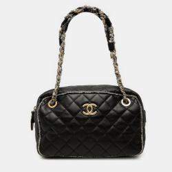 Pre Owned Chanel Black CC Quilted Lambskin Tweedy Bowler Bag