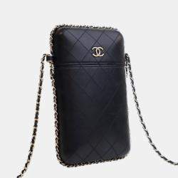 Pre Owned Chanel Black CC Quilted Lambskin Chain Around Phone Holder