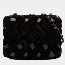 Pre Owned Chanel Black Woven Velvet and Resin Box Clutch with Chain