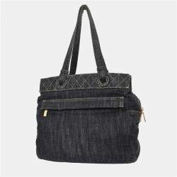 Pre Owned Chanel Navy Sparkling Denim Tote Handbag