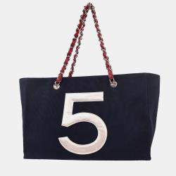 Pre Owned Chanel Navy Silver Canvas No.5 Choco Bar Tote Handbag