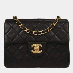Pre Owned Chanel Black Lambskin Mini Classic Square Flap Shoulder Bag