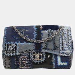 Pre Owned Chanel Blue Tweed Tweed Single Flap Patchwork Shoulder Bag
