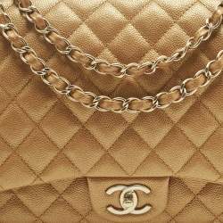 Pre Owned Chanel Metallic Brown Quilted Caviar Leather Maxi Classic Double Flap Bag