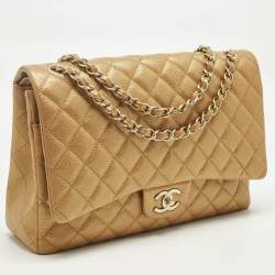 Pre Owned Chanel Metallic Brown Quilted Caviar Leather Maxi Classic Double Flap Bag