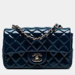 Pre Owned Chanel Navy Blue Mini Rectangular Classic Patent Single Flap