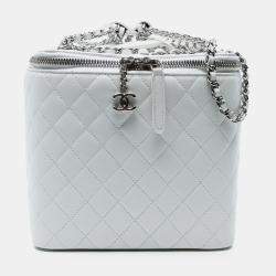 Pre Owned Chanel White Large Quilted Lambskin Top Handle Jewelry Box With Chain