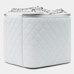 Pre Owned Chanel White Large Quilted Lambskin Top Handle Jewelry Box With Chain