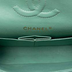Pre Owned Chanel Green Small Classic Lambskin Double Flap