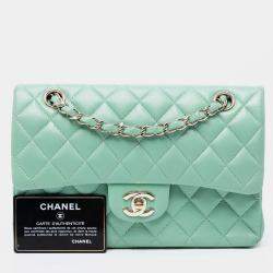 Pre Owned Chanel Green Small Classic Lambskin Double Flap