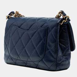 Pre Owned Chanel Navy Blue CC Quilted Lambskin Coin Chain Flap