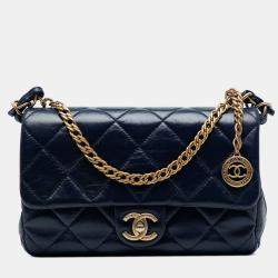 Pre Owned Chanel Navy Blue CC Quilted Lambskin Coin Chain Flap