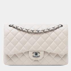 Pre Owned Chanel White Jumbo Classic Lambskin Double Flap