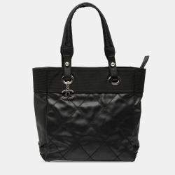 Pre Owned Chanel Black Small Quilted Coated Canvas Paris Biarritz Tote