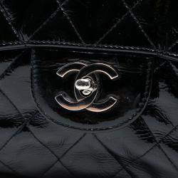 Pre Owned Chanel Navy Blue Jumbo Classic Crinkled Patent Single Flap